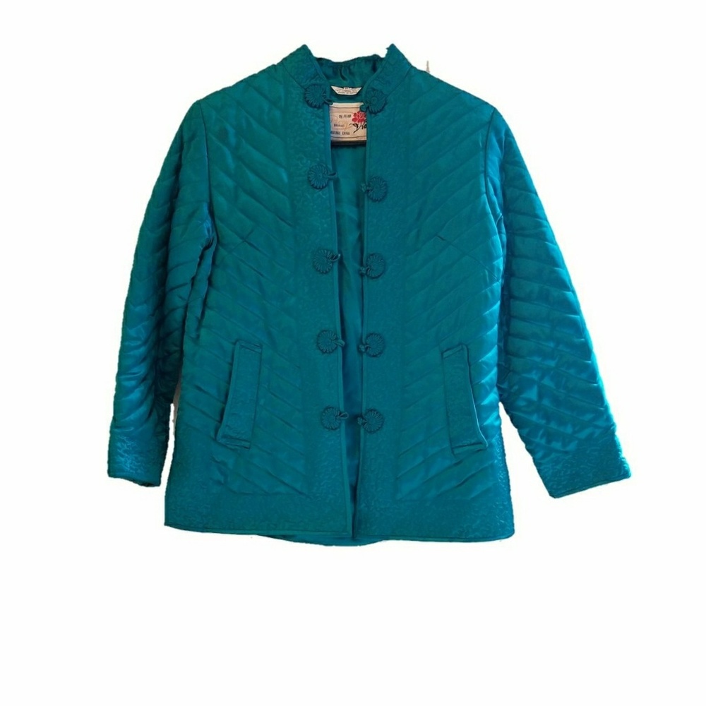 Vintage Peony Brand silky teal cheongsam coat